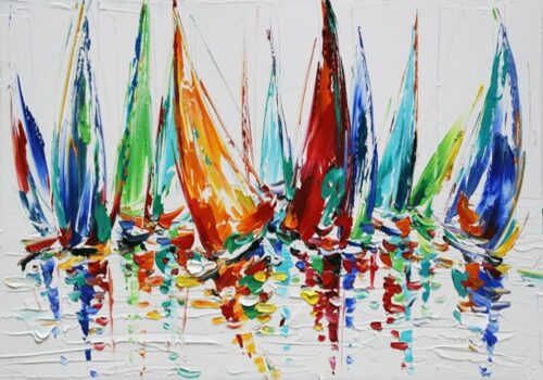 Color Boats – håndmalet oliemaleri med farverige sejlbåde