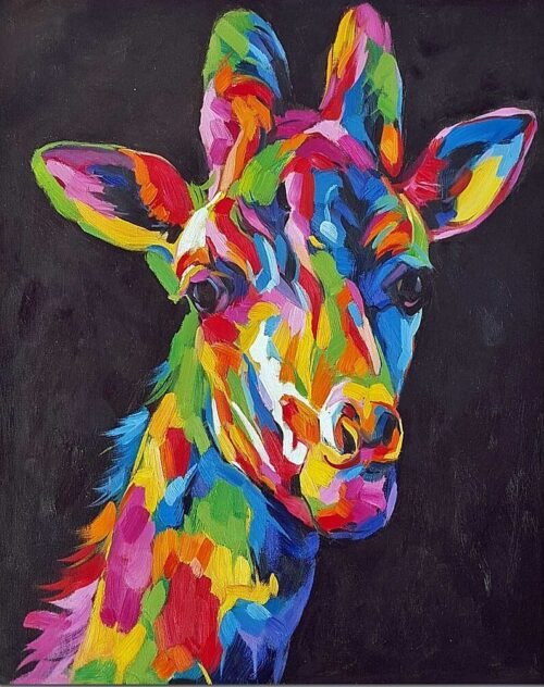 Colorful Giraffe – håndmalet oliemaleri af farverig giraf