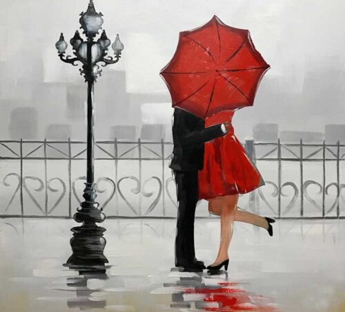 Kys i London – håndmalet oliemaleri af par under rød paraply